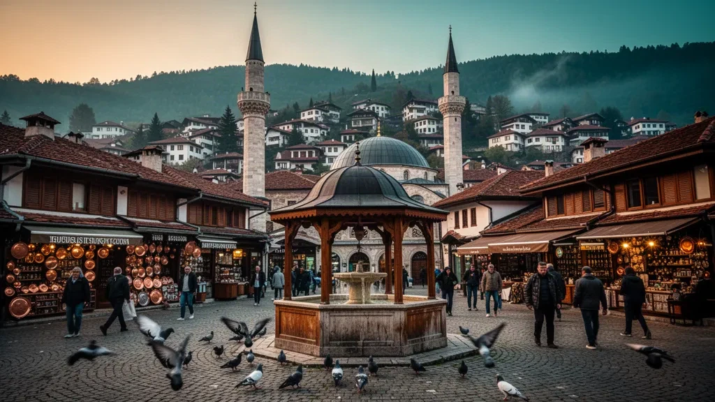 Plaza de Baščaršija y fuente Sebilj en el casco antiguo de Sarajevo, Bosnia y Herzegovina, al atardecer