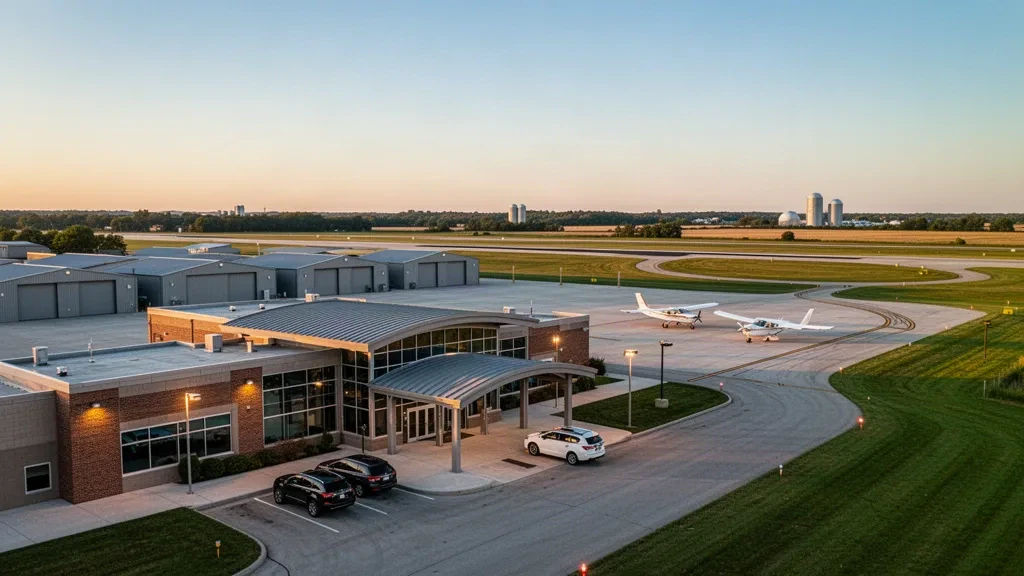 Vue à l'heure dorée du bâtiment terminal bas de l'aéroport municipal de Goshen, de l'aire pavée, des hangars et d'un avion léger dans la campagne de l'Indiana