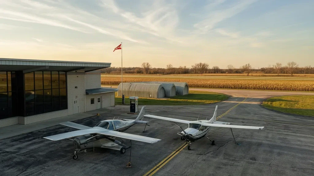 Aeromobili leggeri parcheggiati nel piazzale davanti al terminal del Goshen Municipal Airport in Indiana