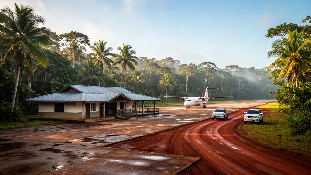 La piccola pista tropicale e il terminal dell'aeroporto di Grand-Santi circondati dalla foresta pluviale della Guyana francese durante l'ora d'oro