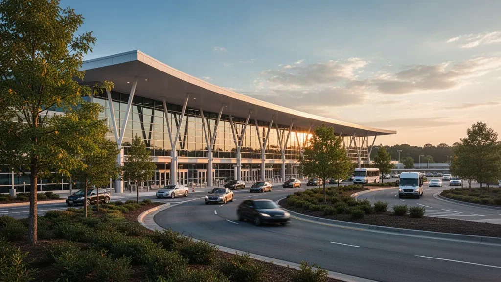 Modern glass terminal exterior and curbside drop-off lanes at Piedmont Triad International Airport in Greensboro, North Carolina at golden hour