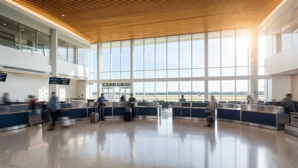 Sunlit interior of Piedmont Triad International Airport terminal in Greensboro with check-in counters, tall windows and travellers