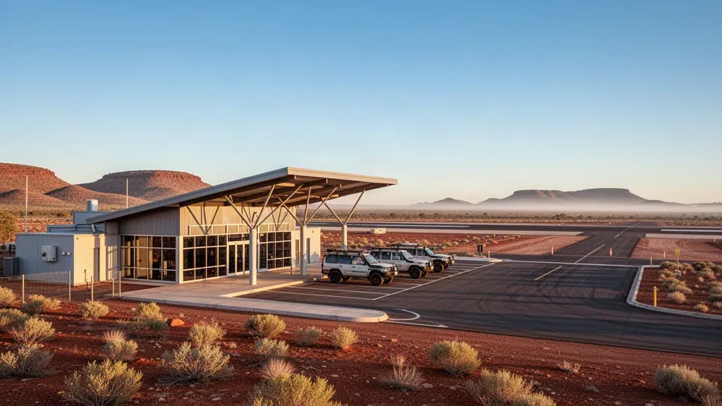 Terminal d'aéroport régional isolé à Mount Gunson, en Australie-Méridionale, avec une piste pavée et un paysage aride de l'outback sous une lumière d'heure dorée.