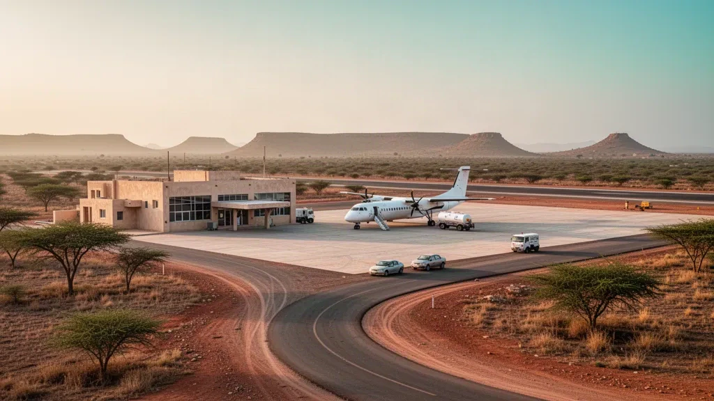 Small regional airport terminal, apron and runway at Gardo Airport in Puntland, Somalia, in warm late-afternoon light
