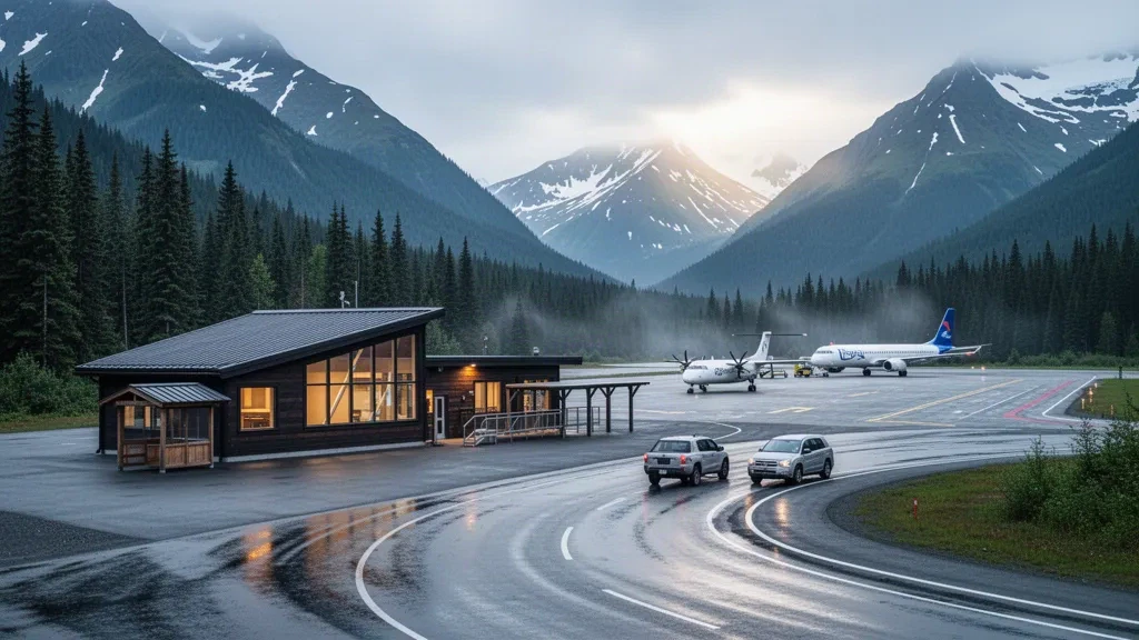 Gustavus Airport in Alaska with a low timber terminal, wet drop-off lane, forested valley and snowy mountain ridges near Glacier Bay