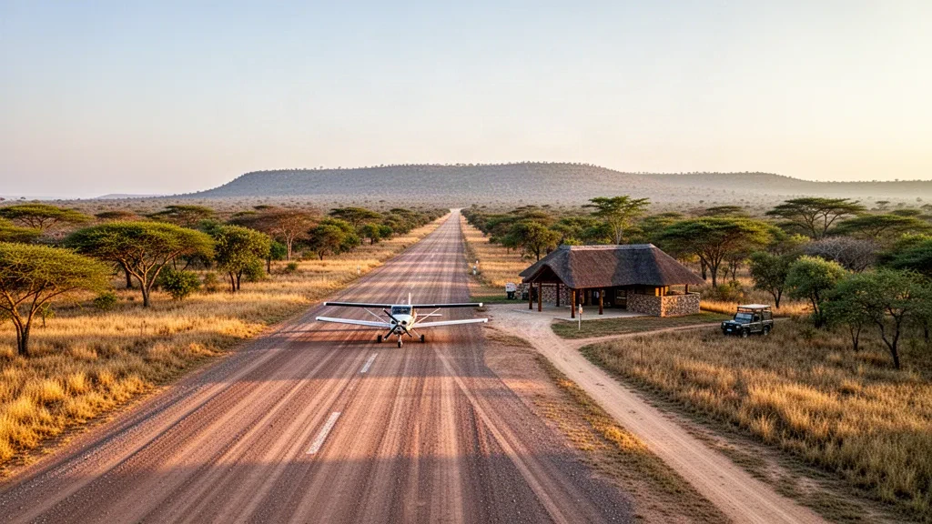 Gravel bush airstrip at Sabi Sabi Airport in the Sabi Sand reserve, with a small light aircraft and thatched terminal at golden hour