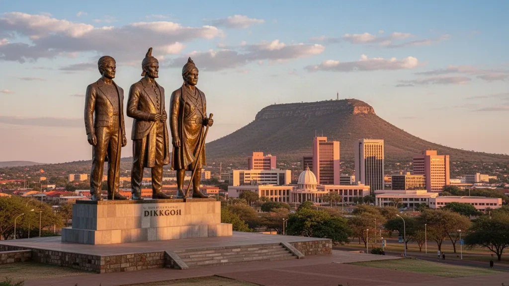 Golden hour view of Gaborone skyline featuring the Three Dikgosi Monument and Kgale Hill in Botswana