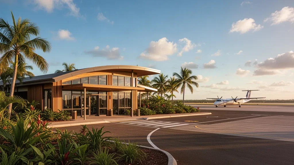 Modernes Terminal des Flughafens Groote Eylandt im tropischen Northern Territory mit Palmen und einem kleinen Flugzeug auf dem Vorfeld, Licht zur goldenen Stunde.
