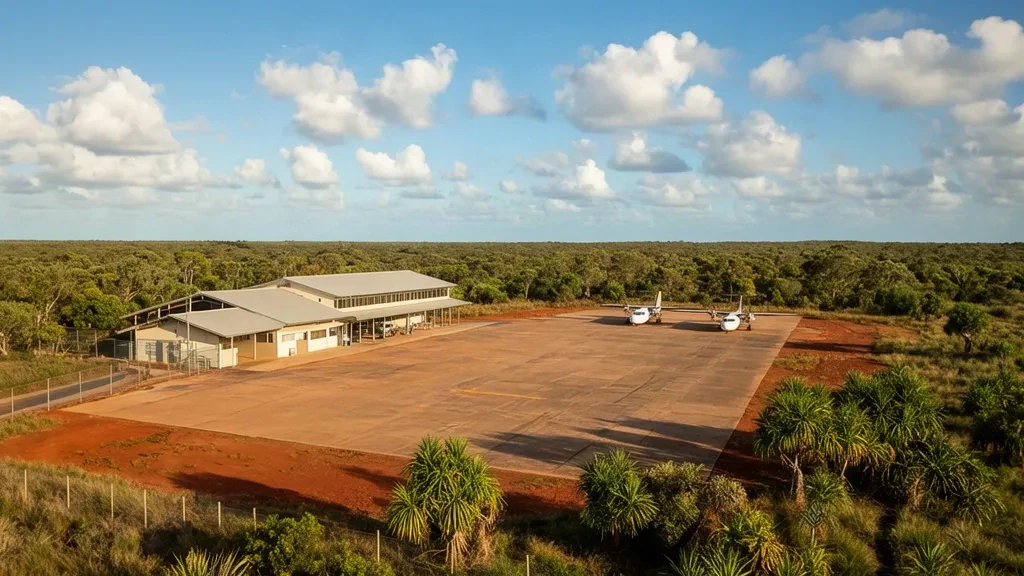 Kleines regionales Terminal und Vorfeld am Flughafen Groote Eylandt in tropischem Buschland unter einem hellen nördlichen australischen Himmel