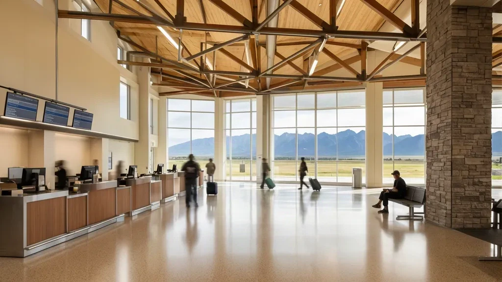 Interno moderno del terminal dell'Aeroporto Internazionale di Great Falls GTF con banchi check-in e luce naturale