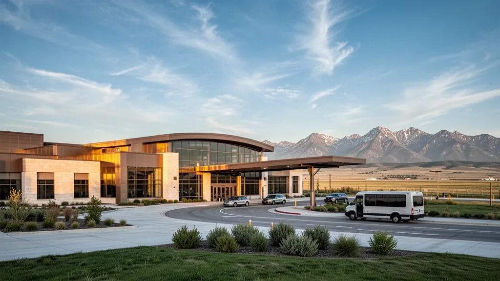 Montana'daki Great Falls Uluslararası Havalimanı terminalinin altın saat dış görünümü, bozkır ve uzak Rocky Dağı zirveleriyle