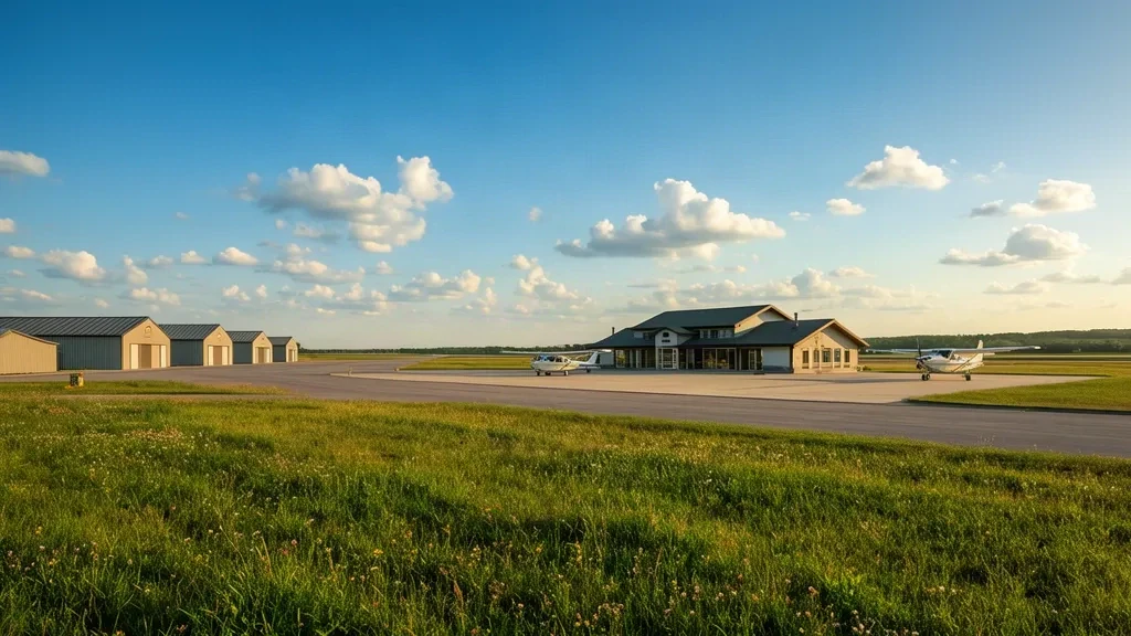 Small rural Grantsburg Municipal Airport in Wisconsin with a paved runway, hangars, and parked single-engine planes under a clear blue sky.