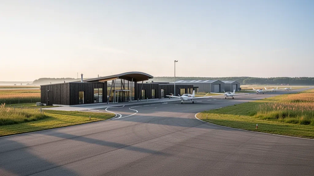 Terminal moderna y avioneta en la plataforma del aeropuerto de Rügen, cerca de Gütin, en la isla alemana de Rügen, en el mar Báltico
