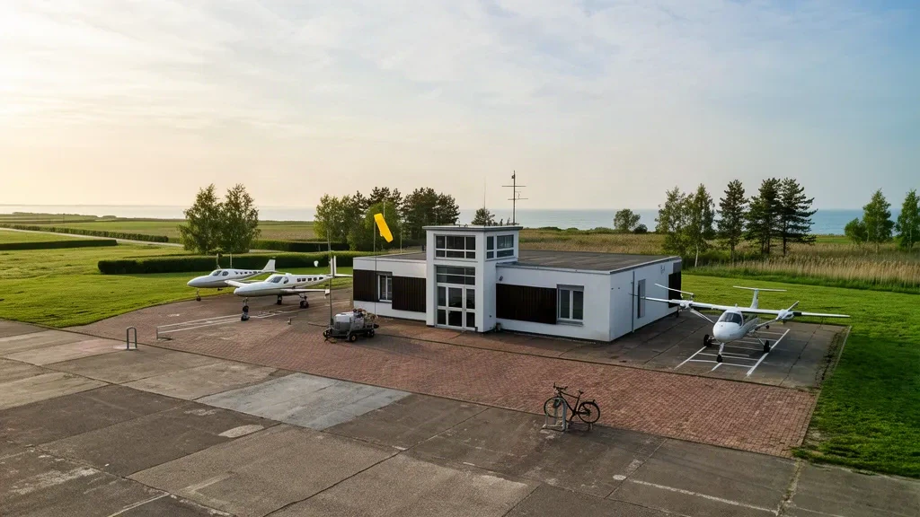 Edificio terminal compacto y avioneta en la plataforma del aeropuerto de Rügen (GTI), en la costa alemana del mar Báltico.