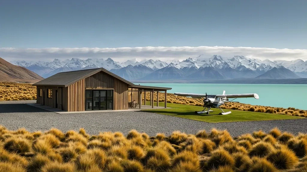 Petit bâtiment terminal et aire de stationnement en herbe à l'aéroport de Glentanner près du lac Pukaki, avec le mont Aoraki Mount Cook et les Alpes du Sud en arrière-plan