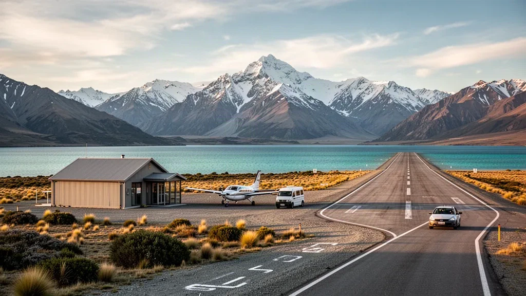 Lake Pukaki kıyısındaki Glentanner Havaalanı'nda, arkasında karla kaplı Aoraki Mount Cook'un sıcak altın ışıkta yükseldiği manzaralı havaalanı