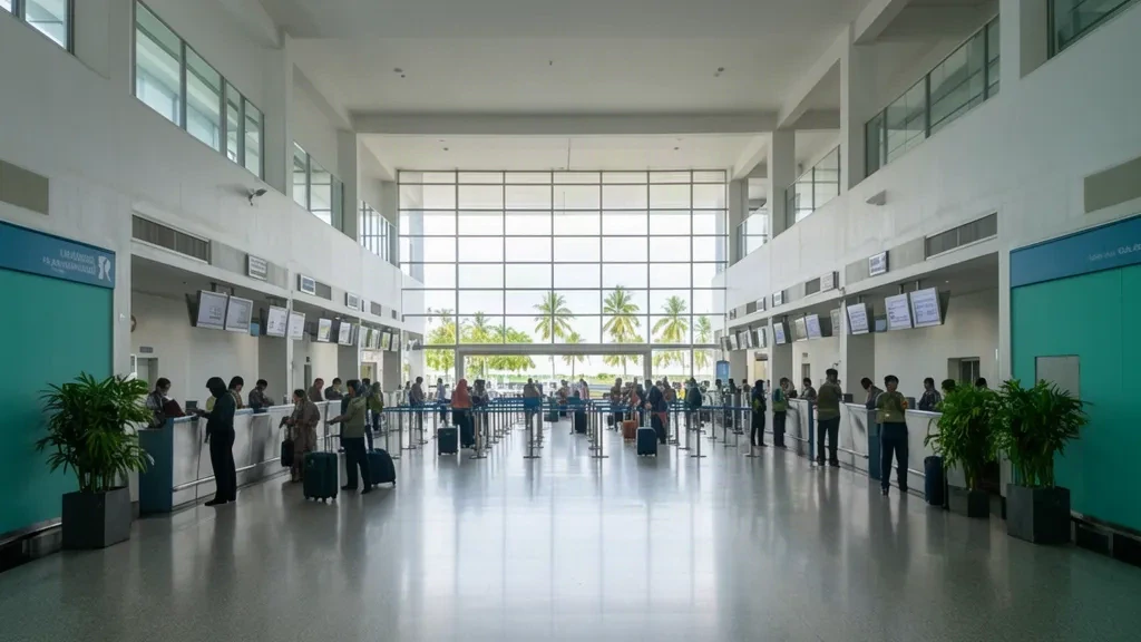 Bright departure hall interior at Jalaluddin Airport in Gorontalo, Indonesia, with travelers, check-in counters and tropical daylight.