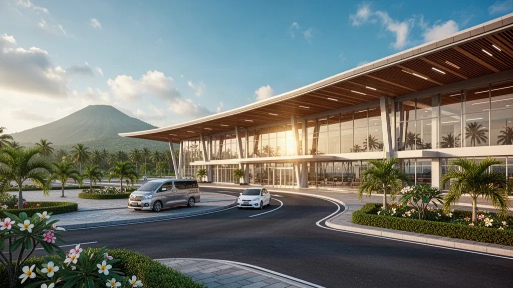 Terminal moderna del Aeropuerto Jalaluddin en Gorontalo, Indonesia, con fachada de cristal, techo curvo y carriles de descenso bajo la luz dorada del atardecer