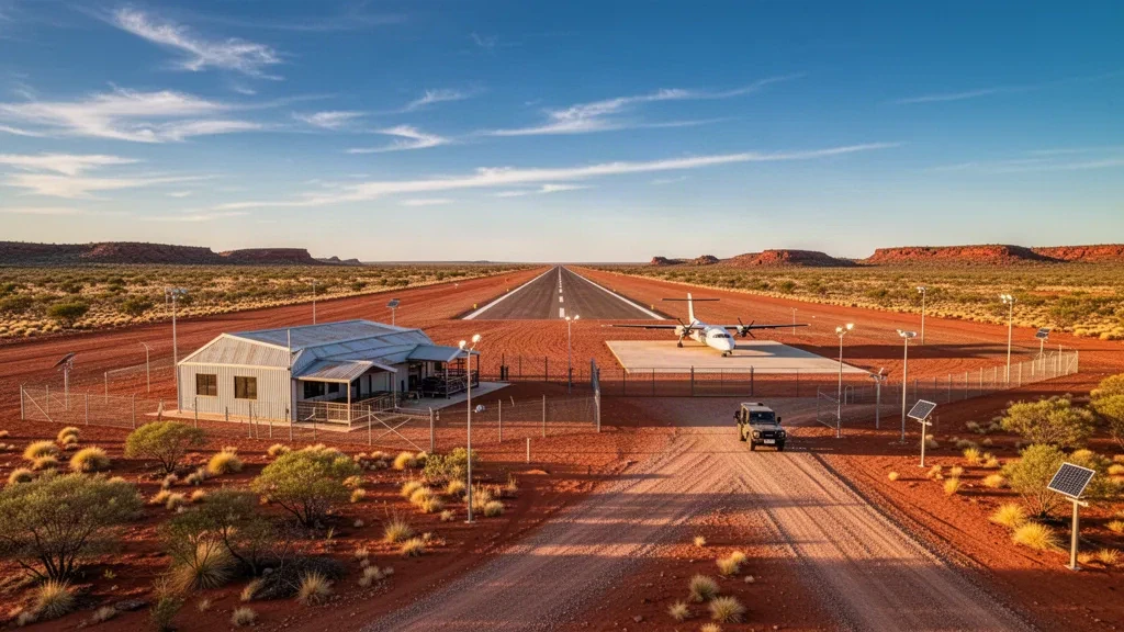 Abgelegene Wüstenlandebahn und kleine Terminalgebäude am Flughafen The Granites in der Tanami-Wüste, Northern Territory, Australien zur goldenen Stunde.