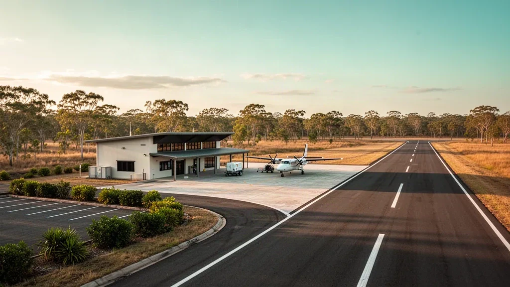 Small regional airport terminal, apron and runway near Georgetown in outback Queensland under late afternoon golden light