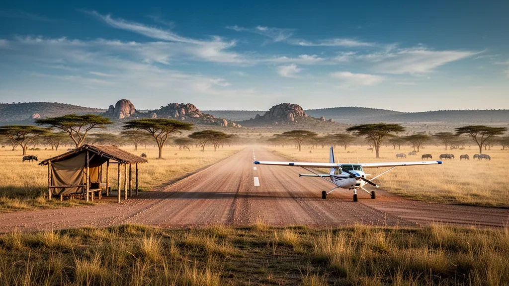 Safari aircraft beside the gravel runway of Kirawira B Aerodrome in the western Serengeti at golden hour