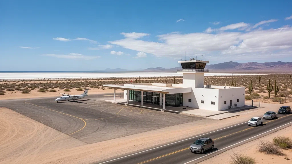 Low desert terminal and apron at Guerrero Negro Airport in Baja California Sur, Mexico, under a clear sunny sky