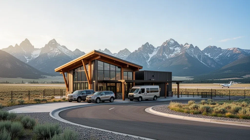 Gunnison-Crested Butte Bölgesel Havaalanı'ndaki modern ahşap ve cam terminal, önünde yolcu indirme şeridi ve arkasında karla kaplı Rocky Dağı zirveleri