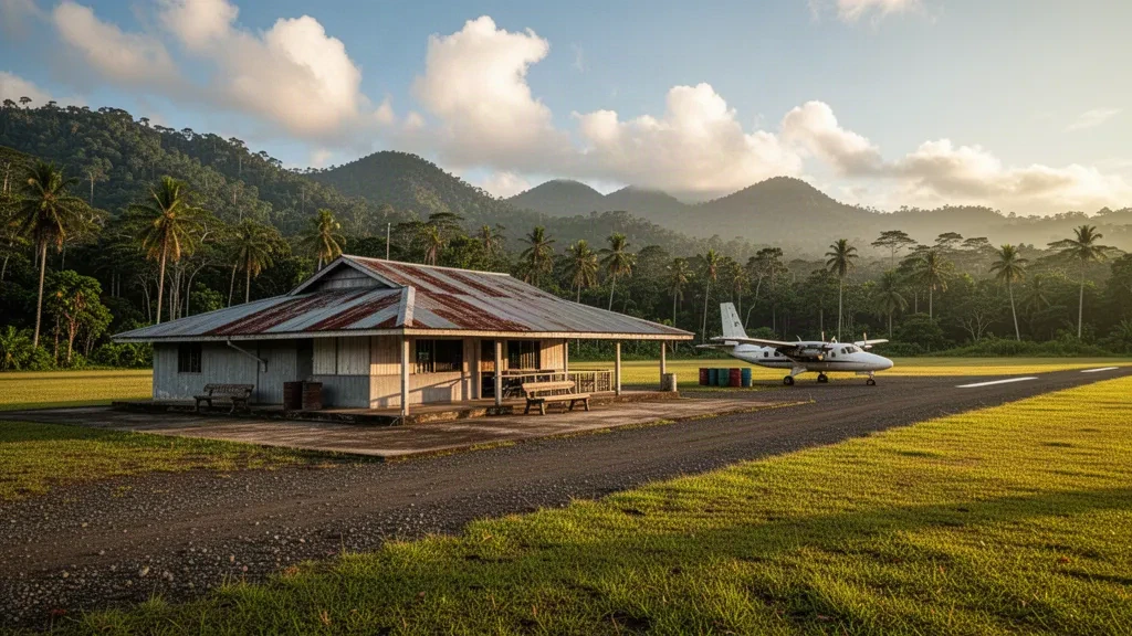 Tropical airstrip and modest terminal building at Guari Airport in Papua New Guinea, framed by rainforest hills in warm afternoon light