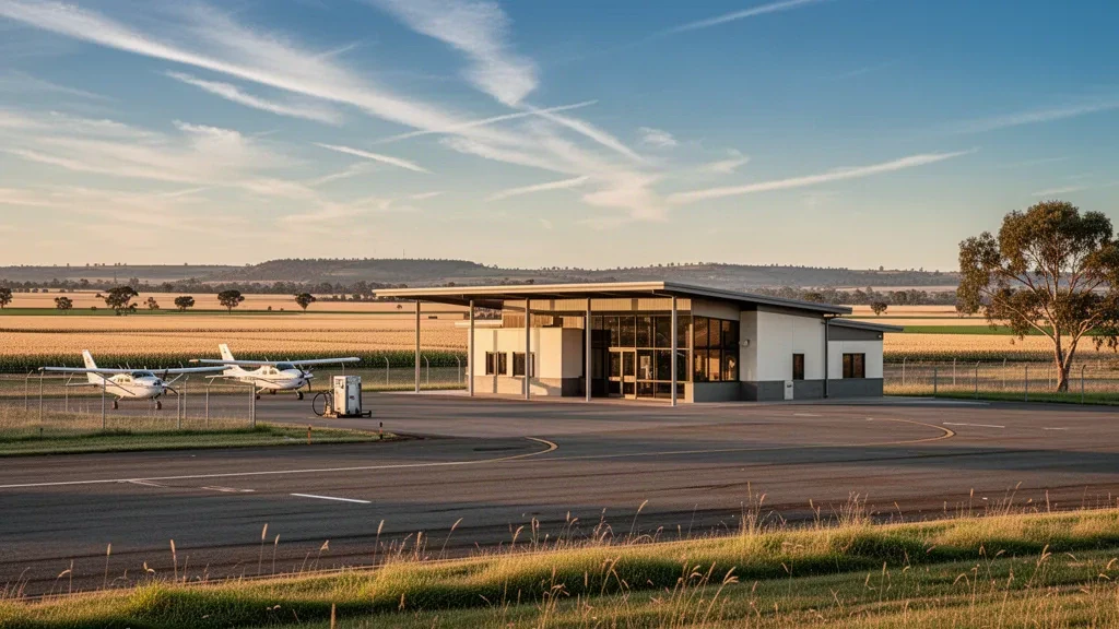 Wide view of Gunnedah Airport's small regional terminal, apron and light aircraft on the Liverpool Plains of New South Wales.