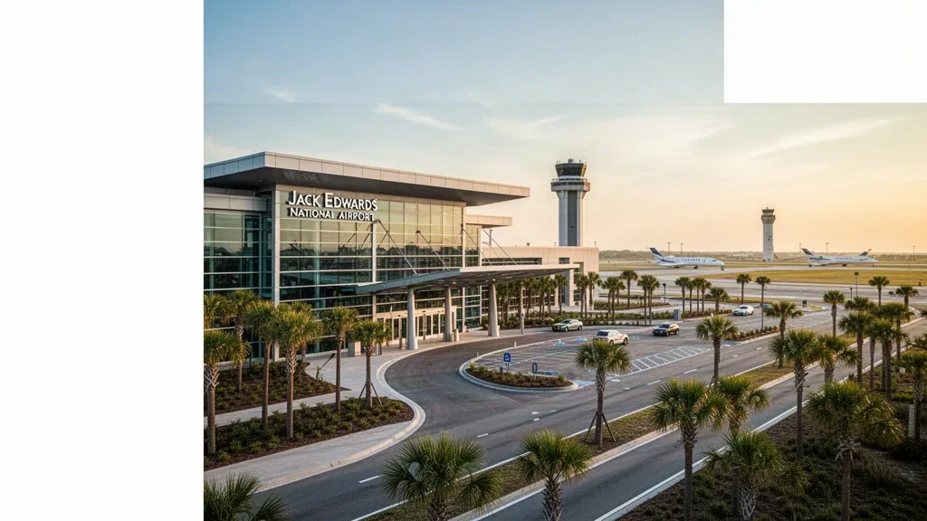 Terminal moderno in vetro e corsie di sbarco costeggiate da palme presso il Jack Edwards National Airport a Gulf Shores, Alabama, durante l'ora d'oro.
