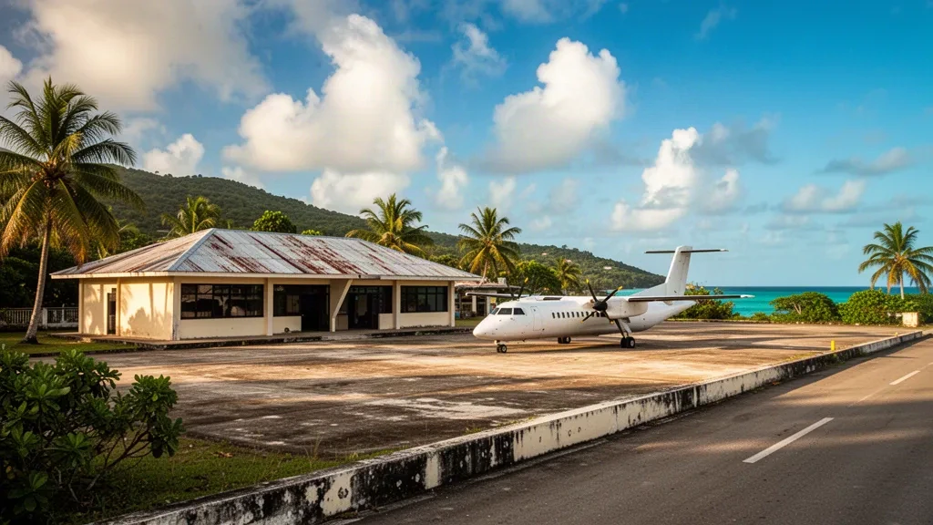 Small tropical terminal and sunlit apron at Guiria Airport on Venezuela's Paria Peninsula coast, framed by palms and green hills