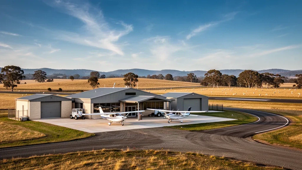 Ansicht des kleinen regionalen Terminals des Flughafens Goulburn, des Vorfelds und leichter Flugzeuge im ländlichen Southern Tablelands von NSW zur goldenen Stunde