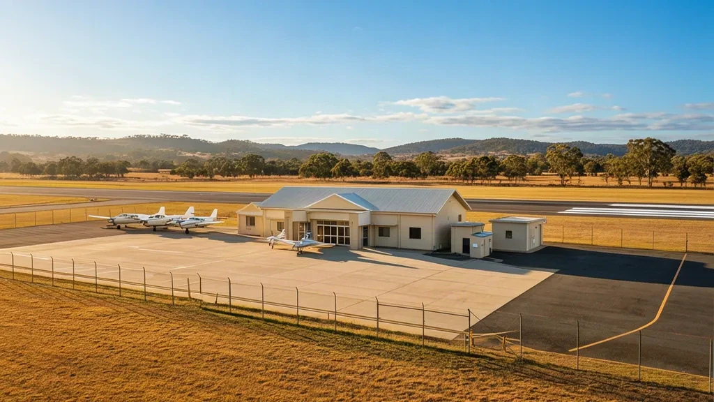 Bâtiment terminal de l'aéroport régional de Goulburn et aire de trafic pour avions légers sous les collines rurales de Nouvelle-Galles du Sud par un après-midi ensoleillé.