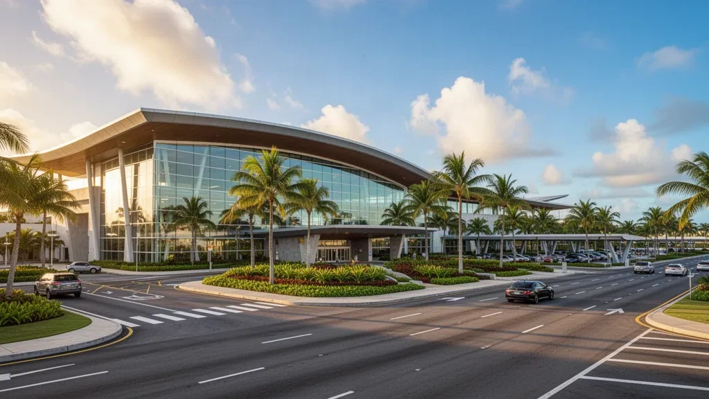 Moderne Terminalfassade am internationalen Flughafen Antonio B. Won Pat auf Guam, tropisches Licht und klare offene Architektur.