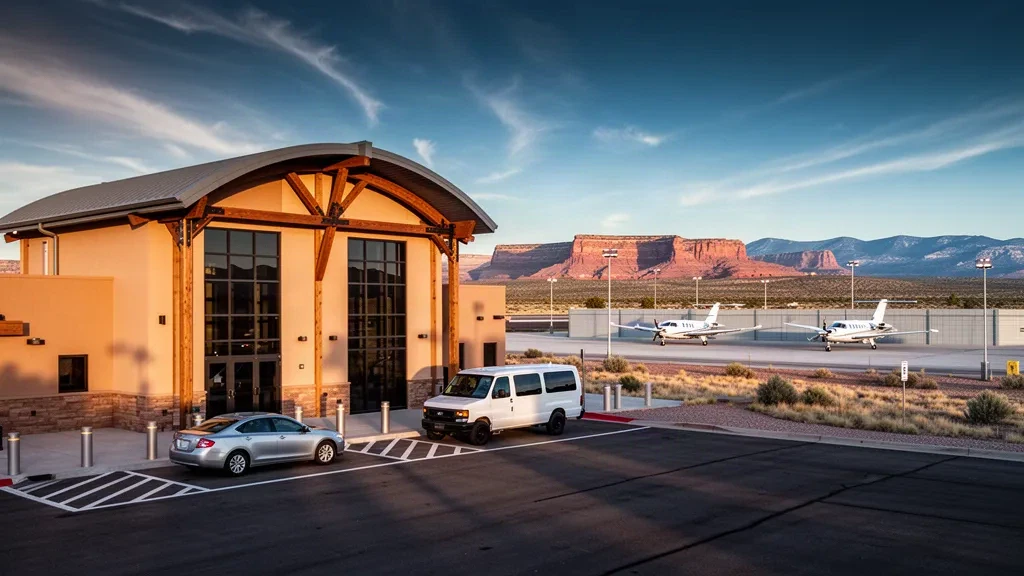 Modern terminal and apron of Gallup Municipal Airport in New Mexico's high desert, framed by red mesas at golden hour