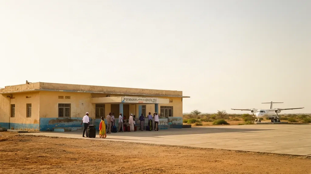 Außenansicht des Terminals des Flughafens Guriel in Somalia mit Reisenden und einem kleinen Flugzeug auf dem sonnigen Vorfeld.