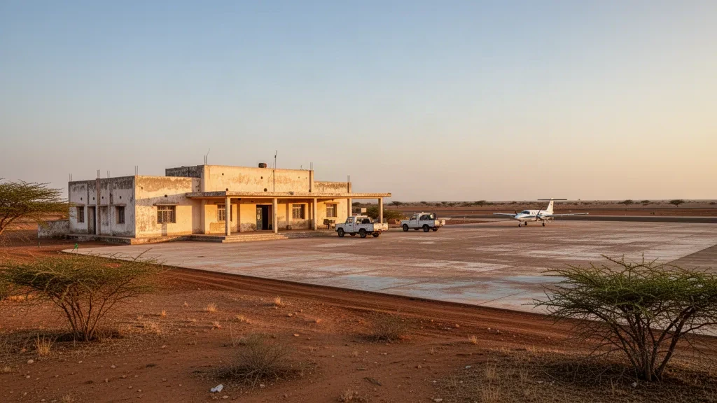 Somali'deki Guriel Havalimanı'nın altın saat ışığında alçak terminal binasını, tozlu apronunu ve kurak manzarasını gösteren geniş görünüm