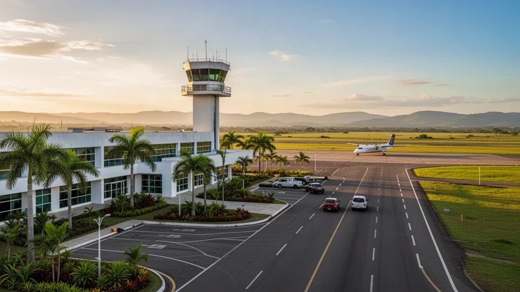 Terminal basso e paesaggio tropicale all'aeroporto di Guanare nello stato di Portuguesa, Venezuela, sotto una calda luce dorata.