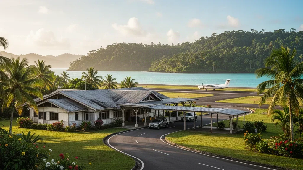 Terminal de aeropuerto regional tropical y carril de desembarque bordeado de palmeras en el aeropuerto de Gurney, en Alotau, Papúa Nueva Guinea, con cálida luz de hora dorada