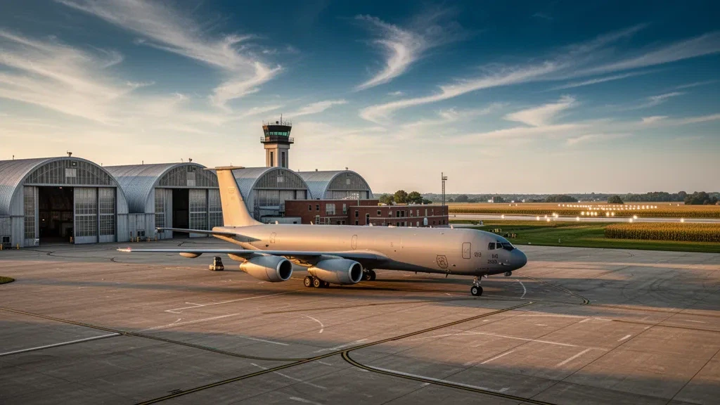 Indiana'daki Grissom Air Reserve Base'de apronda duran gri bir yakıt ikmal tankerinin altın saat görünümü; hangarlar ve açık gökyüzü