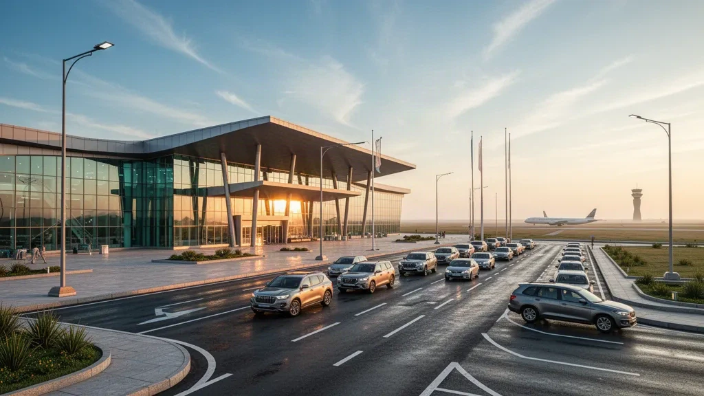 Terminal moderno in vetro e corsie di sosta all'Aeroporto Internazionale di Atyrau in Kazakistan sotto una calda luce serale