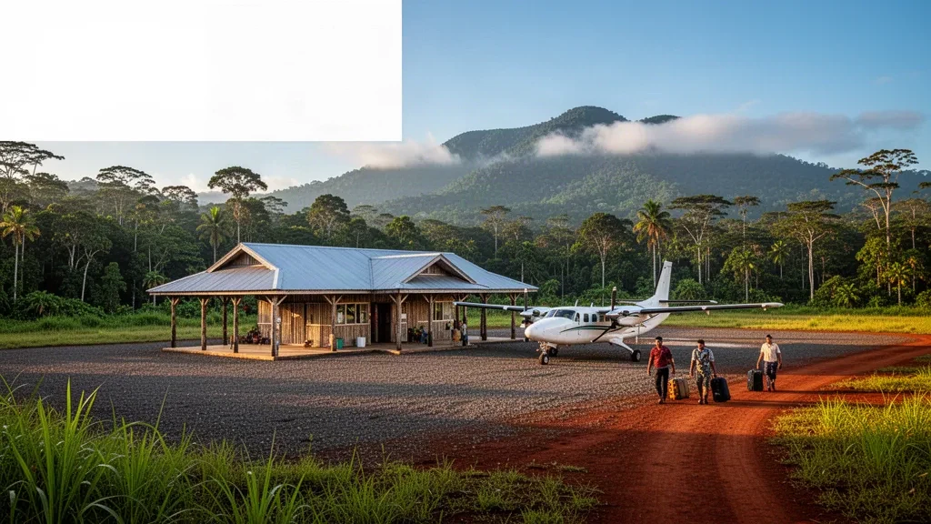 Aeropuerto de Mougulu en Papúa Nueva Guinea con una pequeña terminal, un avión ligero y una pista en la selva tropical bajo una cálida luz dorada.