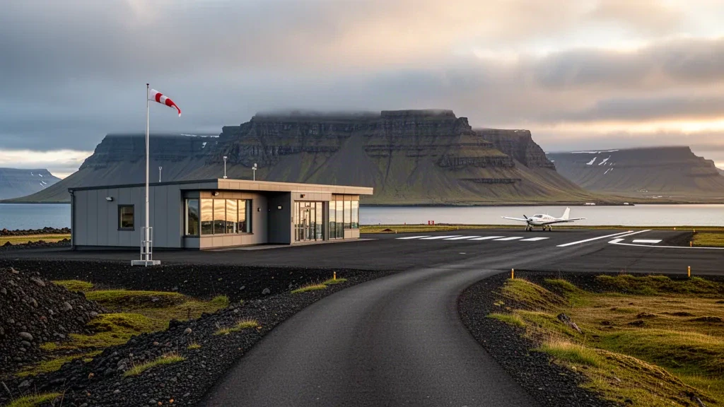Piccolo terminal aeroportuale islandese e pista vicino a Grundarfjörður, con acqua del fiordo e montagne di basalto sotto una soffice luce nordica