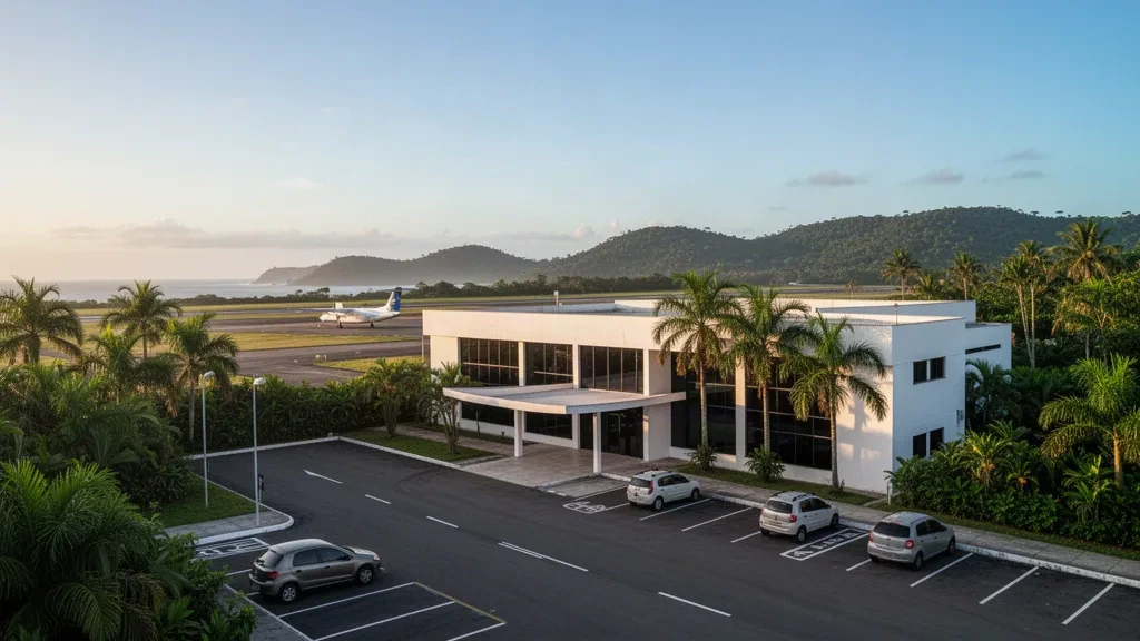 Low white terminal of Guarapari Airport in Brazil with palm trees, a drop-off lane and a regional aircraft on the apron at golden hour