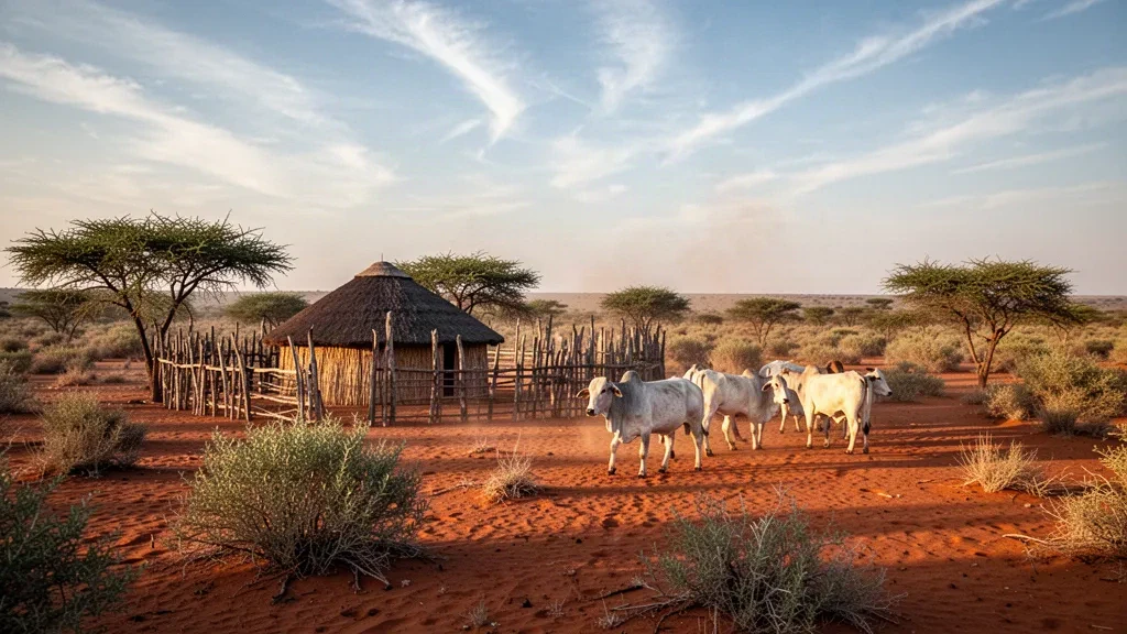 Sandveld rouge du Kalahari avec acacia camelthorn et une hutte au toit de chaume près de Ghanzi, au Botswana, dans une lumière chaude de fin d'après-midi