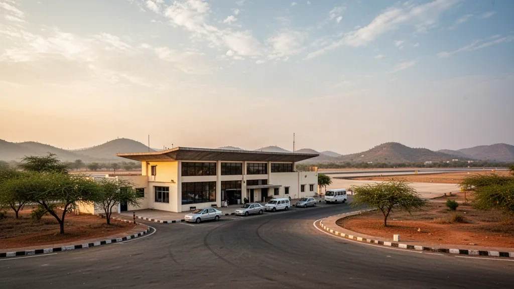 Hindistan'ın Madhya Pradesh eyaletindeki Guna Havalimanı'nda sıcak altın saat ışığıyla yıkanan küçük krem rengi terminal binası ve sessiz apron