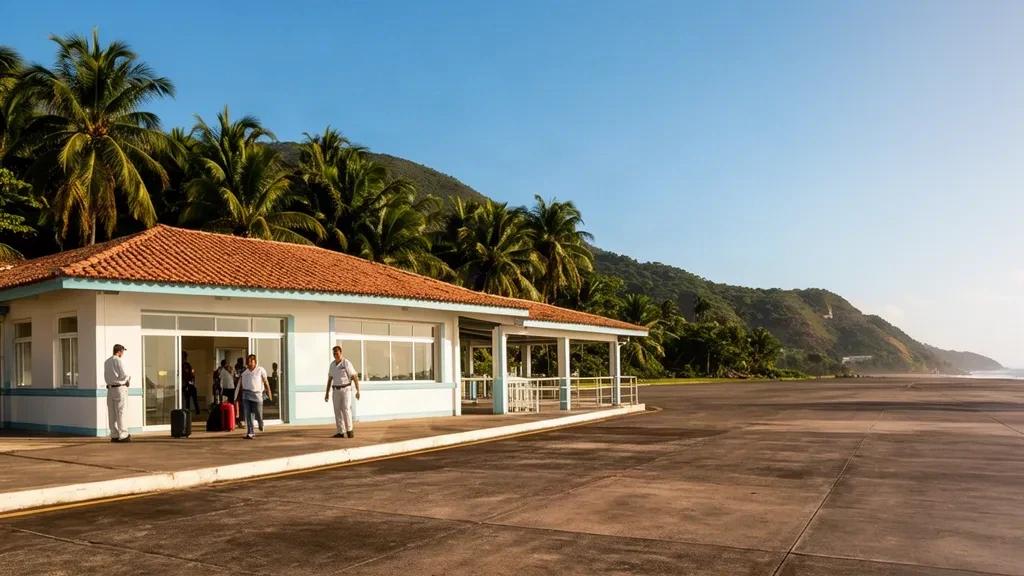 Compact white terminal building at Guarapari Airport (GUZ) in Espírito Santo, Brazil, framed by tropical palms under bright coastal sunlight