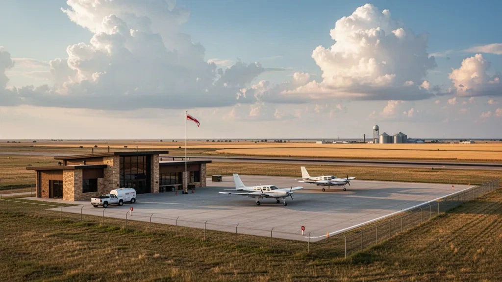 Aereo leggero e terminal a un piano accanto alla pista dell'Aeroporto Municipale di Guymon nelle pianure dell'Oklahoma all'ora d'oro