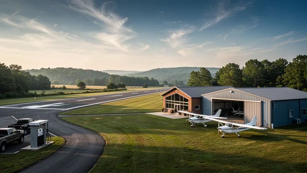 Kırsal Virginia'daki Gordonsville Municipal Havalimanı'nda sıcak altın saat ışığı altında çimenlerle çevrili tek pist ve metal hangarlar