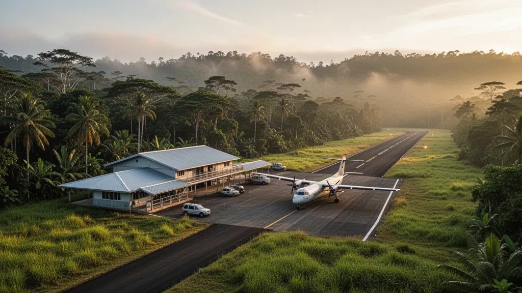 Aeropuerto de Green River en Papúa Nueva Guinea durante la hora dorada, con una pequeña terminal, una pista bordeada de pasto y un entorno de densa selva tropical